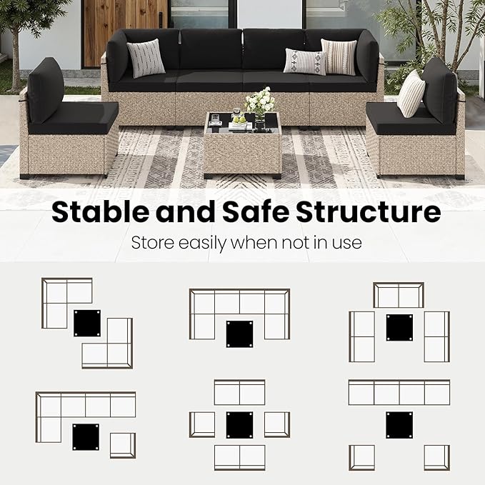 Soohow 7-Piece Patio Furniture Set, Outdoor Sectional All-Weather Wicker Patio Conversation Set for Garden, Porch, Backyard - Black Cushions