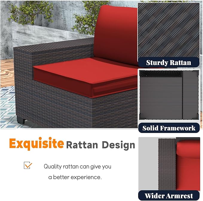 Patio Furniture Set 7 Pieces Outdoor Furniture Patio Conversation Set w/43in Aluminum Gas Fire Pit,PE Rattan Wicker 7 Pcs Outdoor Sofa Set w/55000 BTU Propane Fire Pit Table,Red