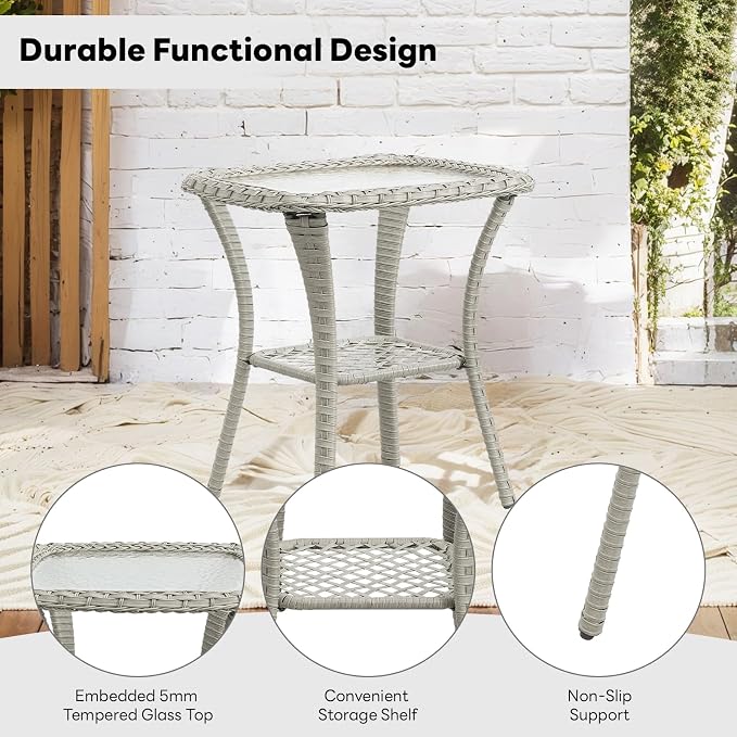 Belord Small Outdoor Side Table - Tempered Glass Wicker Table, Waterproof Patio Coffee Table Rattan End Table with Storage, Light Gray