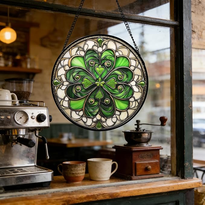 DASTOLL Stained Glass Window Hanging St. Ripak Festival Green Lucky Clover Large 15" - Suncatcher Door Garden Sun Catcher Ireland Decor Mother's Day for Mom Woman Her Men Sisters