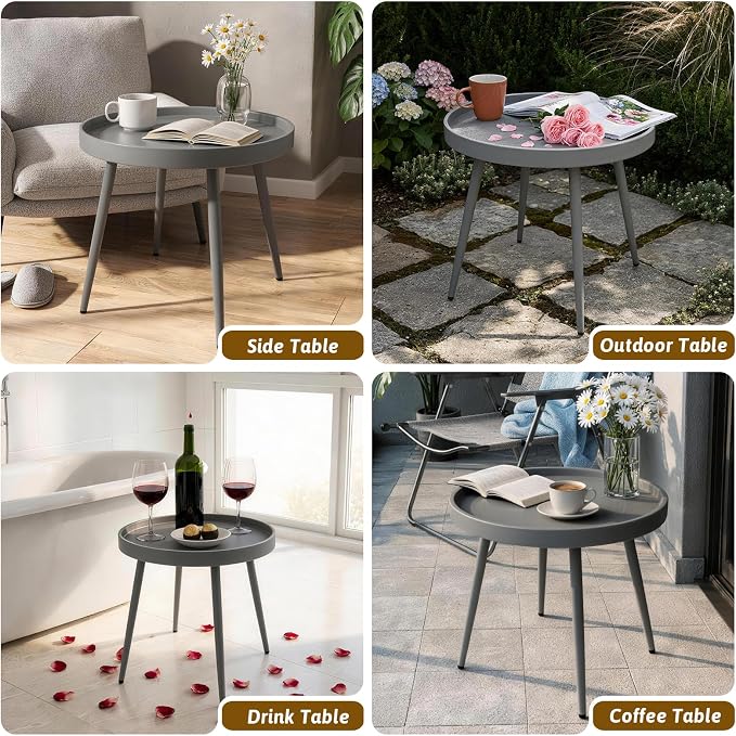 Small Outdoor Side Table - Round Metal End Table with PP Desktop & Anti-Fall Fence - Mini Coffee Table for Small Spaces - Versatile Outdoor End Table for Patio, Couch, Bedside - Gray