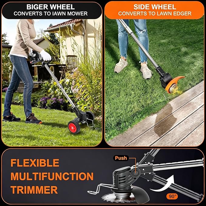 Electric Weed Wacker Cordless Weed Trimmer 21V Stringless Weed Wacker Lightweight 3-in-1 Grass Trimmer/Brush Cutter/Edger with 2pcs Batteries&Wheel, 4Types Blades, for Lawn, Garden & Yard