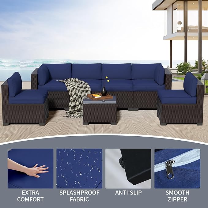YLGJ&TIDY 7-Piece Outdoor Sectional Patio Furniture Set,Waterproof Patio Furniture with Metal Frame,All-Weather Wicker Rattan Sofa,Perfect for Garden Poolside Backyard (7, Darkbrown&Navy Blue)