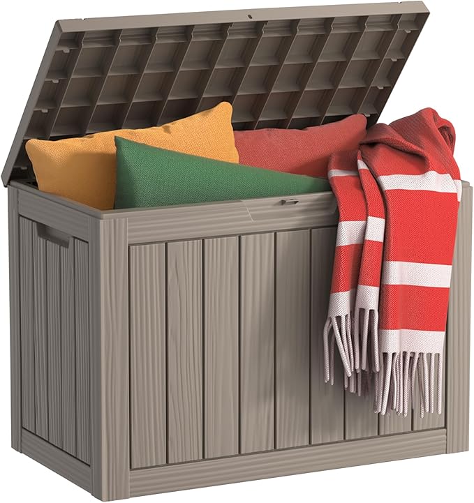 EasyUp Outdoor Storage Box, Waterproof Resin Deck Box, Reinforced Stability UV-Resistant for Patio, Garden and Poolside (Striped Beige, 45 Gallons)