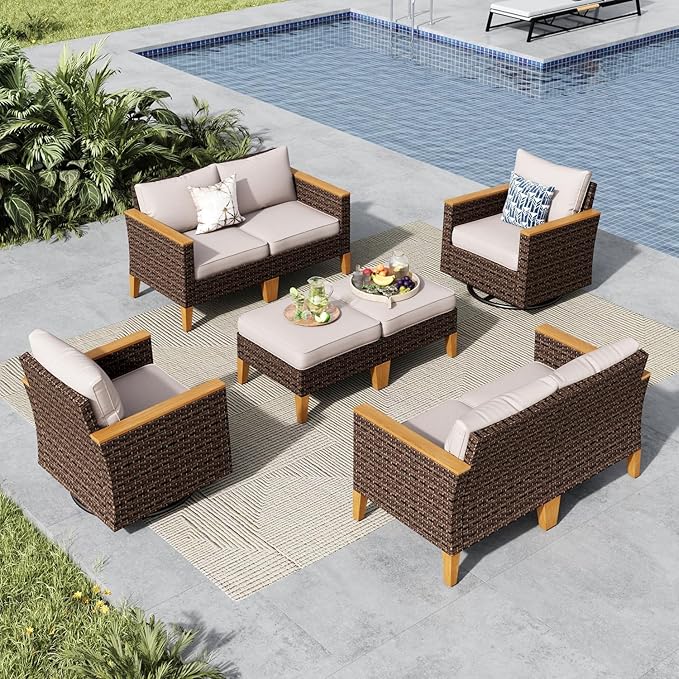 MFSTUDIO 8 Piece Wicker Patio Furniture Sets, 2 x Swivel Sofa, 2 x Ottoman, 4 x Corner Sofa, All-Weather PE Rattan Patio Conversation Set Outdoor Sectional Sofas for Garden(Beige Cushions)