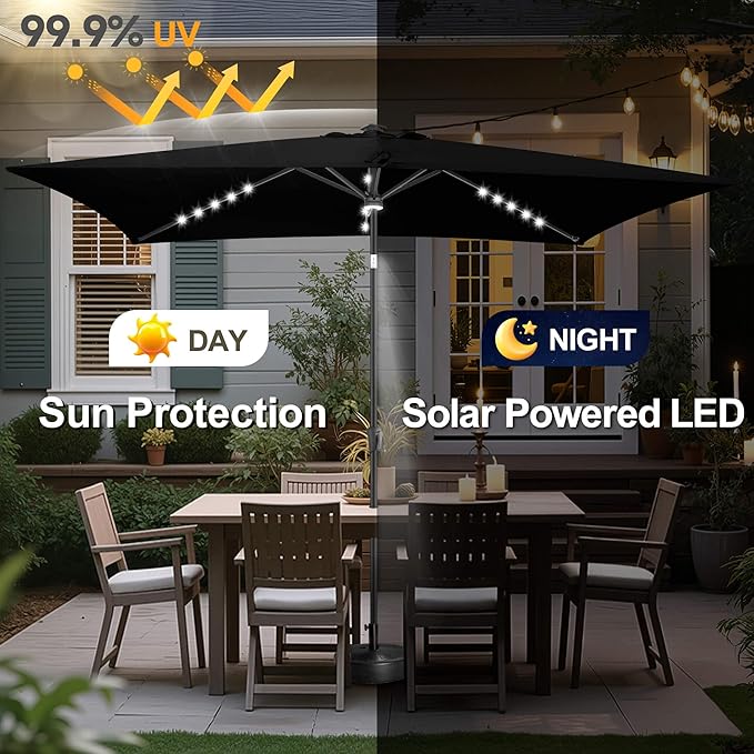FLAME&SHADE 6.5 x 10 ft Rectangular Solar Powered Outdoor Market Patio Table Umbrella with LED Lights and Tilt, Black