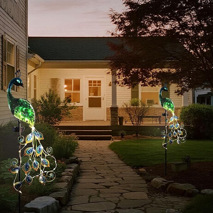 Solar Peacock Garden Stake Lights Outdoor, Waterproof Metal Glass Decorative Landscape Path Lights with Thick Stake Glow in The Dark Eye for Pathway Patio Lawn Yard