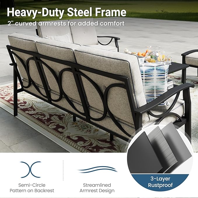 RoyalCraft 5-Pieces Outdoor Patio Furniture Set, Outdoor Metal Sectional Furniture with Cushions, Outdoor Conversation Seating Set with Coffee Table for Balcony, Backyard, Garden, Deck, Black