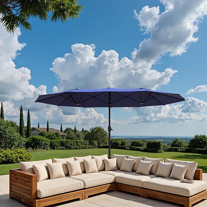 15ft Double-Sided Outdoor Patio Umbrella, Table Umbrellas with Steel Ribs, Easy Crank, Market Umbrella for Backyard & Pool