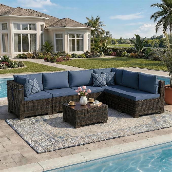 LAFWLL 7 Pieces Outdoor Patio Furniture Sets,Rattan Conversation Sectional Set,Manual Weaving Wicker Patio Sofa with Tea Table