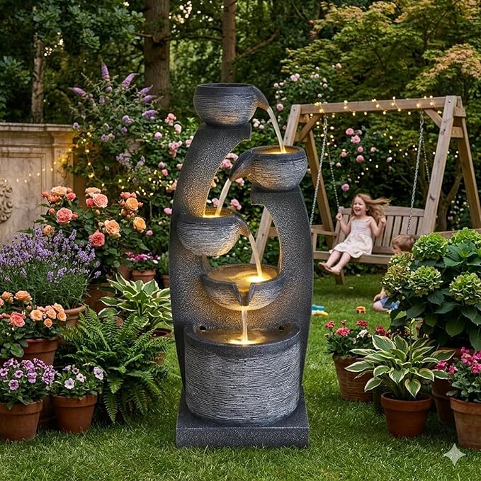 Qingyinge 33' H Modern Outdoor Fountain Resin Outdoor Garden Fountains with Contemporary Design LED Light for Garden, Patio, Deck, Porch, Backyard and Home Art Decor