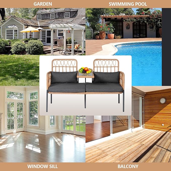 Outdoor Loveseat 2 Pieces Patio Furniture Set, Porch Furniture Wicker Large Loveseats, Patio Conversation Sets with Cushions & Lumbar Pillows and Built-in Table