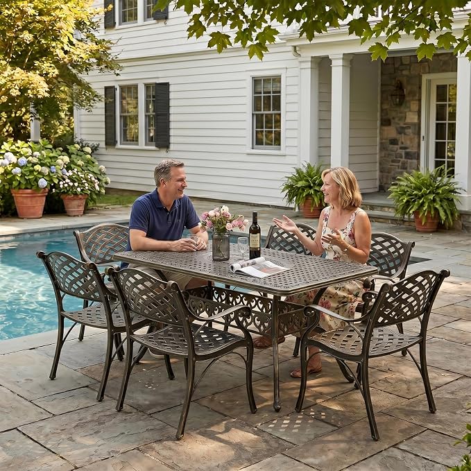 VIVIJASON 7-Piece Patio Furniture Dining Set, All-Weather Retro Cast Aluminum Outdoor Conversation Set, Include 6 Chairs and a Rectangle Table with Umbrella Hole for Balcony Lawn Garden Backyard