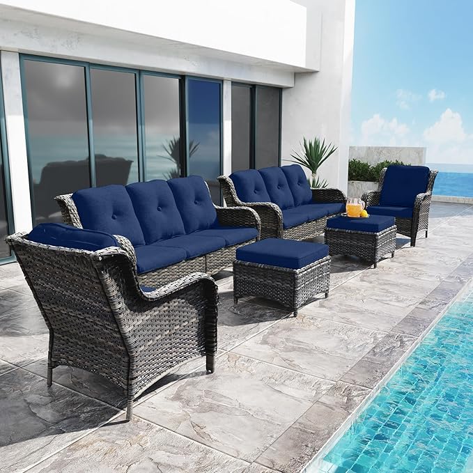 Outdoor Wicker Couch Set 6 Pieces - Outdoor Wicker Patio Furniture Set with 2 Armchairs, 2 Couch and 2 Ottomans, Olefin Cushions Included(Mixed Grey/Blue)