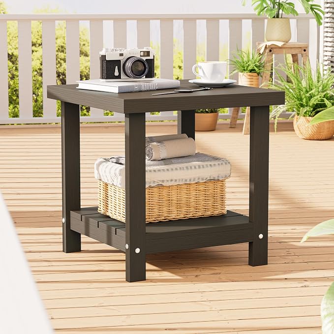 2-Tier HDPE Outdoor Square Side Table, Heavy-Duty Patio Side Table with Storage Shelf, Weather-Resistant Adirondack End Tables for Backyard, Pool, Porch, Garden, Lawn, Brown
