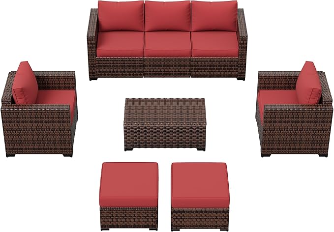 Amopatio Patio Furniture Set, Outdoor Furniture Wicker Rattan Sofa, Outdoor Sectional with Ottomans, Patio Set for Backyard Porch Balcony (Burgundy)