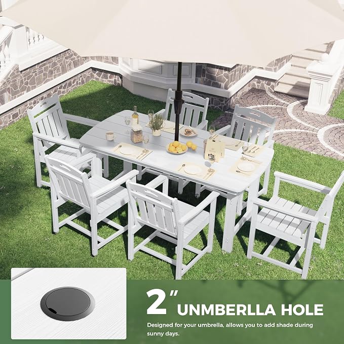 HDPE Outdoor Dining Set, Patio Table and Chairs Set, All-Weather 7-Piece Outside Table and 6 Chairs, 2" Umbrella Hole, Outdoor Furniture for Garden, Poolside, Backyard, Deck | White