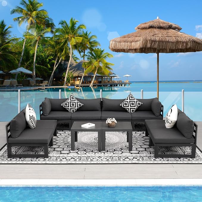 RADIATA 10 Pcs L-Shaped Contemporary Aluminum Outdoor Furniture Set, 29" Deep Wide Large Couch Set, 500 lbs High Weight Capacity Modular Patio Sectional Sofa with Side Table for Garden Yard, Dark Gray
