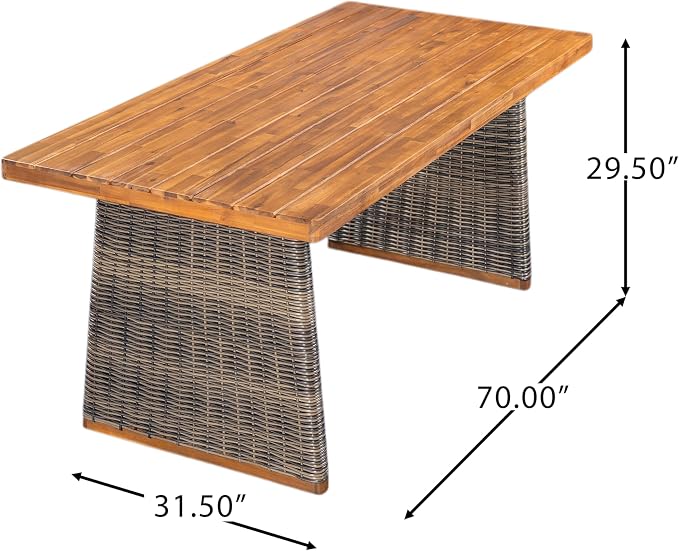 Christopher Knight Home Shuri Patio Acacia Wood Dining Table, Slatted Tabletop Outdoor Side Table with Handwoven Rattan Legs, Rectangular Outdoor Dining Table for Backyard/Garden, Grey + Teak