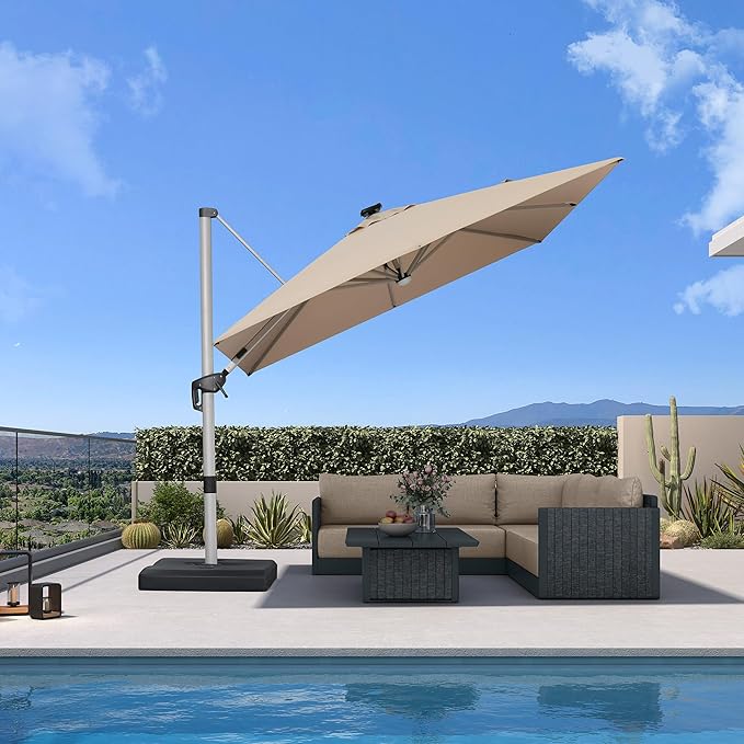 PURPLE LEAF Patio Umbrella with base 10 Feet Outdoor Square Cantilever Umbrella Solar Powered LED with 360-degree Rotation for Garden Deck Pool Patio, Beige