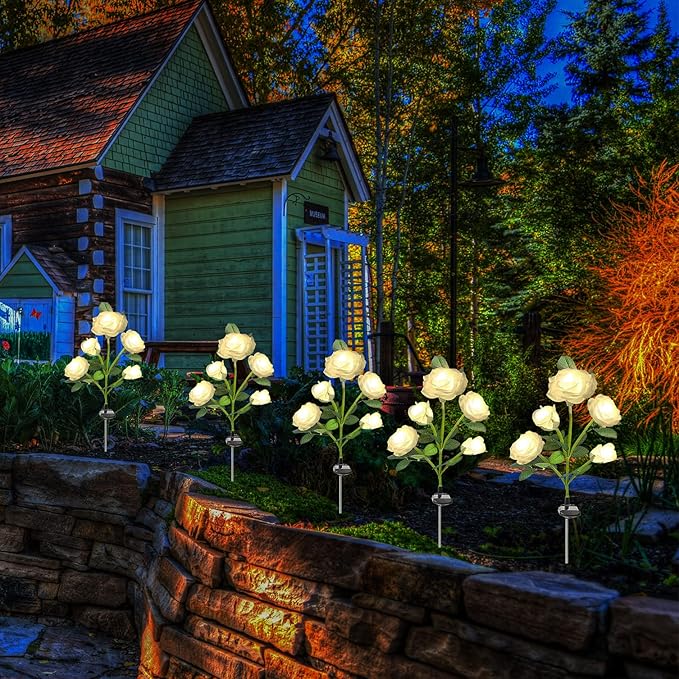 SmilingTown Solar Garden Stake Lights 2 Pack with 10 Rose Flowers Landscape Path Decorative Lights Waterproof for Outdoor Yard Grave Cemetery Pathway Courtyard Lawn (White)