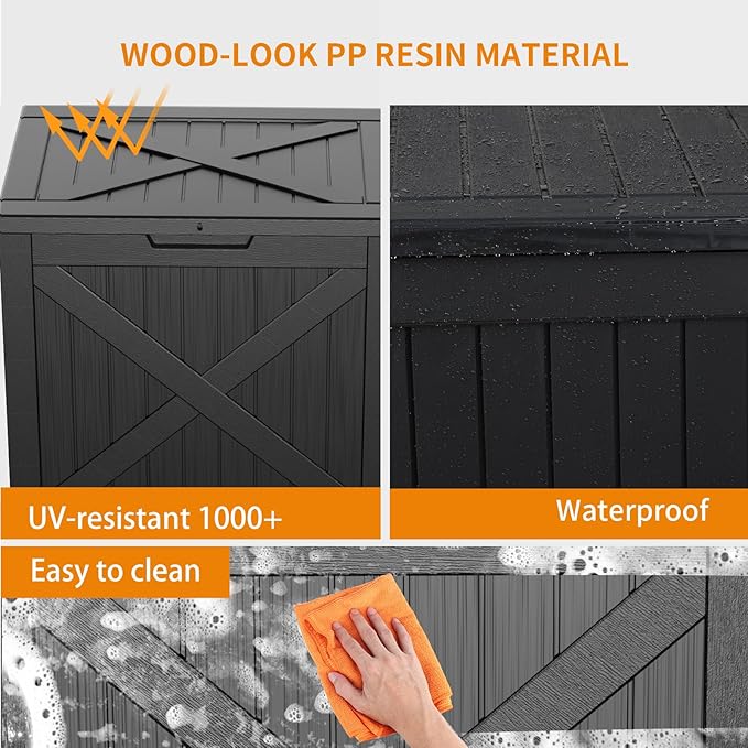Vixzen 32 Gallon Deck Boxes Outdoor Waterproof, Lockable Outdoor Storage Bench for Patio Cushions, Garden Tools, Pool Supplies (Black, 32 Gallon)