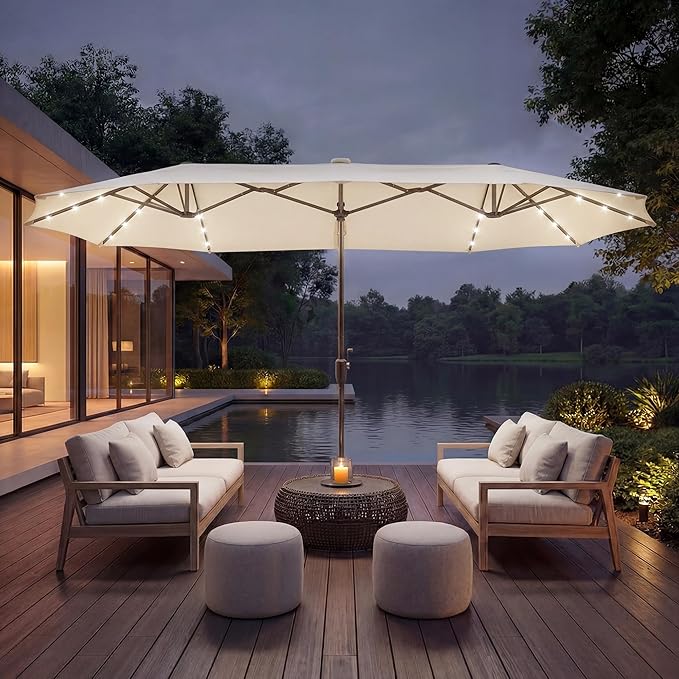 COSIEST 13FT Patio Umbrella with Solar Lights, Outdoor Double-Sided Table Umbrella,Large Rectangular Market Umbrella w Crank Handle for Garden, Pool, Deck Shade, Beige