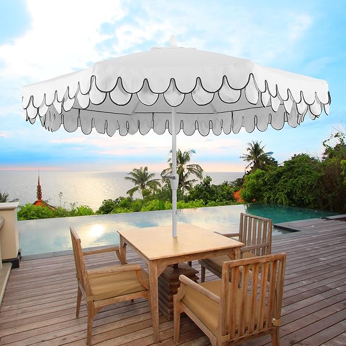 JONATHAN Y Tracy 9 ft. Outdoor Patio Umbrella with Scalloped Edge, Coastal Market Table Umbrella with Crank Lift and Tilt, 8 Sturdy Ribs UV Resistant for Pool, White, White Pole UMB1002D