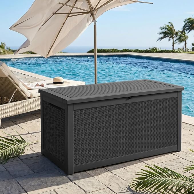 320 Gallon Outdoor Storage Deck Box Waterproof Resin Lockable Outside Bench Porch Patio Furniture Pool Float Garden Tool Cushion UV Resistant Bin Black