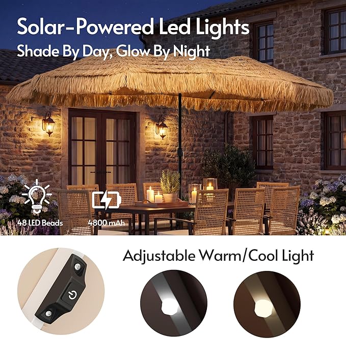 15ft Double-Sided Patio Umbrella with Solar Lights and Base Included, Large Patio Umbrella with 48 LED Dual-Color Lights, 135 Sq Ft Shade Area Patio Table Umbrella for Pool, Outddor, Deck (Tiki Hawaii)
