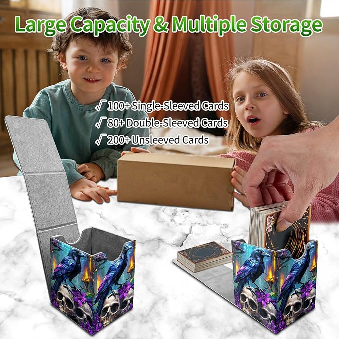 Deck Box for MTG, Cards Storage Box Fits 120+ Sleeved, Leather Medium Size Strong Magnetic Closing Card Case for Board Games Magic TCG CCG Baseball Collection, Purple Flower Eagle