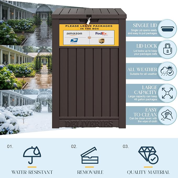 Package Delivery Box for Outside With Sign, Lockable Outdoor Storage Box Waterproof Deck Box, Large Double Wall Resin Parcel Drop Boxes, 48 Gallon, Classic Brown