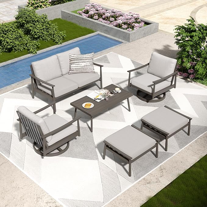 6 Pieces Aluminum Outdoor Patio Furniture Sets with Coffee Table, Cushioned Loveseat and Swivel Chairs with Ottoman, All Weather Conversation Set for Yard Proch Deck, Greige & Grey