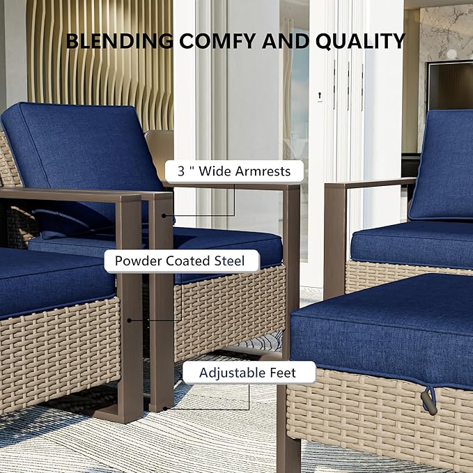 Patio Chairs Set of 2, Outdoor Wicker Chair Metal Patio Furniture with Deep Seating, Thicken Cushions for Deck, Porch, Yard Use (Blue, 2 PCS/Chairs)