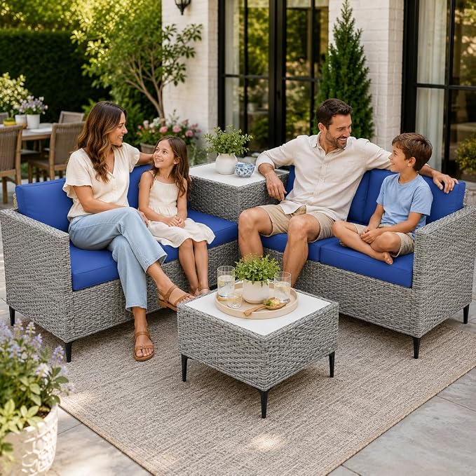 Garvee All-Weather PE Rattan Patio Furniture Set, 4 Piece Outdoor Sectional Sofa Couch with Storage Coffee Table, l-Shaped Conversation Set for Garden, Backyard, Poolside, Porch, Gray Blue