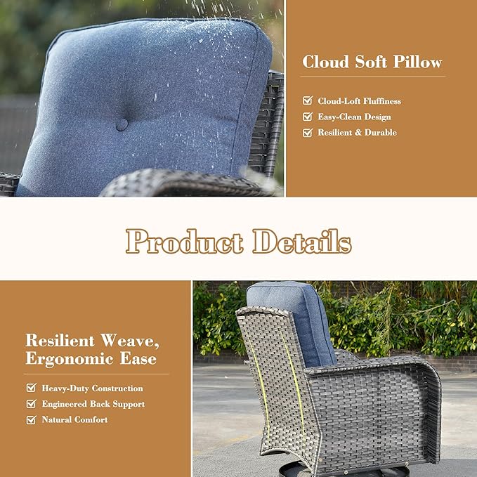 7 Pieces Patio Conversation Sets,Patio Furniture Set with Swivel Rocking Chairs,Coffee Table, Side Table, All Weather Rattan Wicker Outdoor Sectional Furniture Set for Porch Balcony Backyard Blue