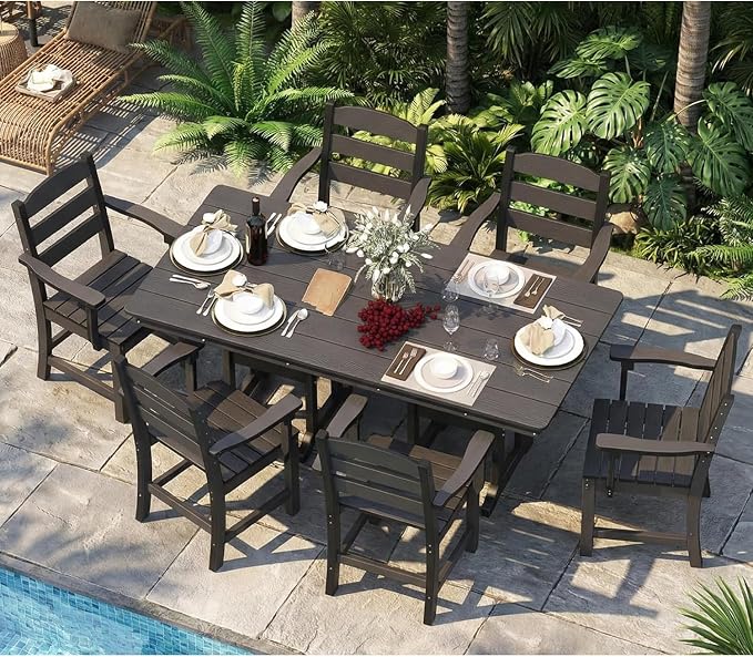 HOPUBUY 7 Pieces Patio Dining Set for 6, 71" HDPE All-Weather Patio Table and Chairs Set with Umbrella Hole, Durable Outdoor Furniture Set for Garden, Backyard, Lawn & Poolside (Black)