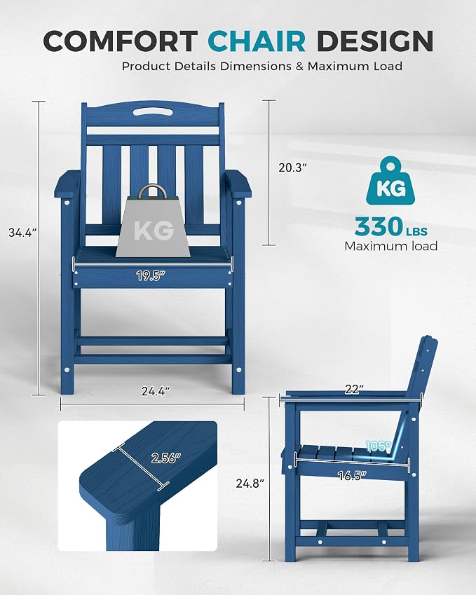 Ciokea Outdoor Patio Dining Chair, HDPE Oversized Porch Chairs with Wide Seat, All-Weather Durable Heavy-Duty Outdoor Furniture for Backyard, Poolside, Lawn & Garden, NavyBlue