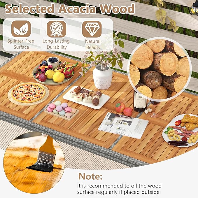 COSTWAY 9-Piece Patio Dining Set for 8, Outdoor Rattan Wicker Table and Chairs Furniture Set with Umbrella Hole, Acacia Wood Tabletop for Backyard, Balcony, Poolside, Grey & Navy