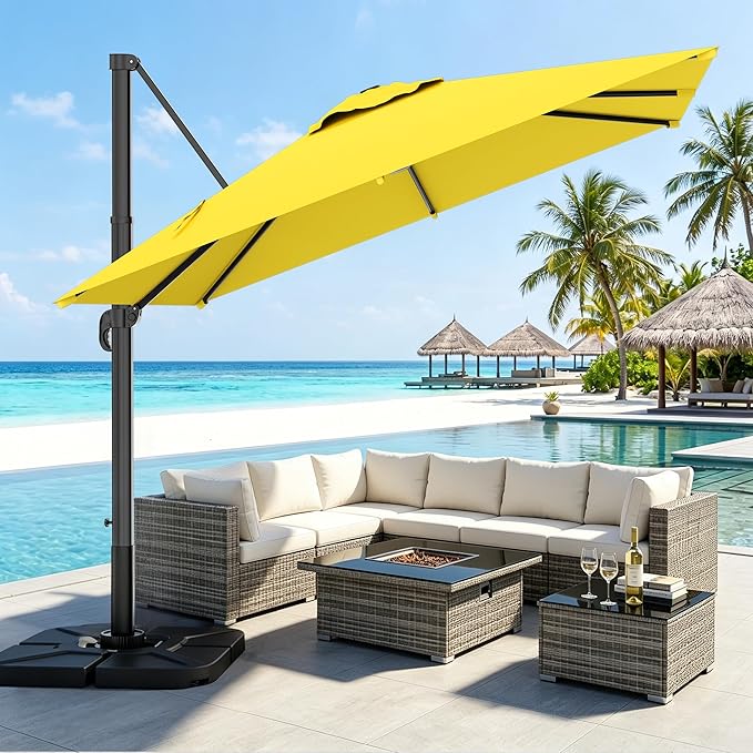 AreShark 9 × 9FT Square Cantilever Patio Umbrella with Base Included, 360° Rotation Offset Outdoor Umbrella, 5 Tilt Settings Heavy Duty Hanging Parasol for Deck Garden Pool, Yellow