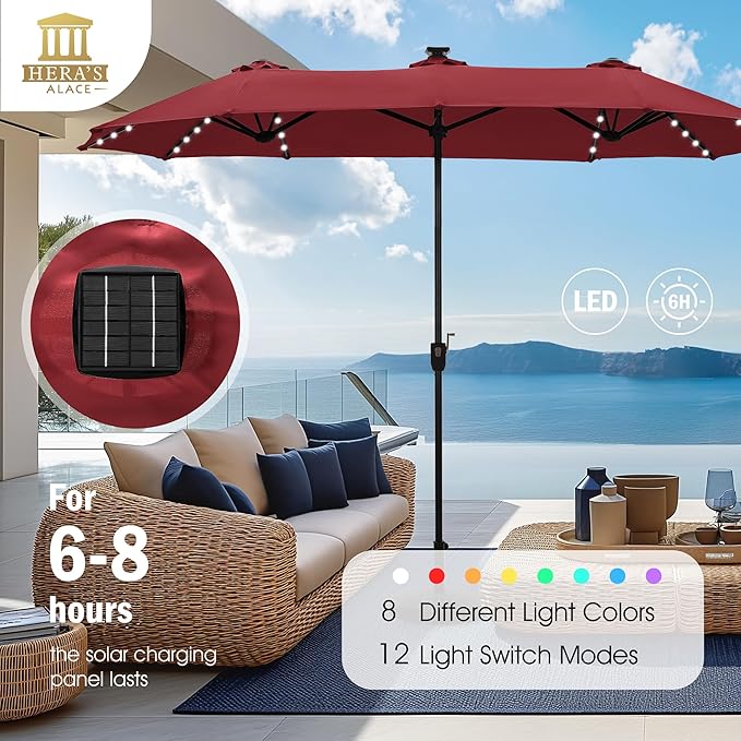 HERA'S PALACE 13ft Patio Umbrella with 120 LED Solar Lights Double Sided Outdoor Umbrella for Patio 8 Colors Changing Table Umbrella Outdoor Patio for Garden Pool