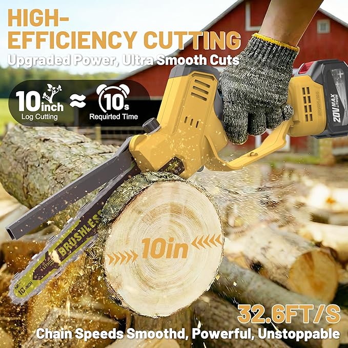 MGYM Electric Chainsaw, 10 Inch Handheld Cordless Chainsaw with 2x4.0A Batteries 2 Chains and Charger, Tool Free Auto-Oiling Battery Powered Chainsaw for Tree Trimming Wood Cutting Yard Work (Yellow)