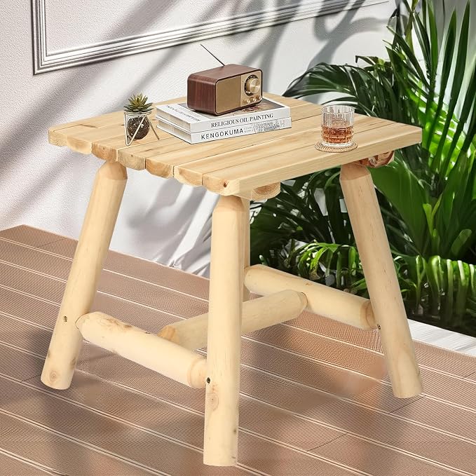 HOMEDIARY Wooden Adirondack Log Side Table, Cedar Wood Outdoor Square End Table w/Slatted Tabletop, Oversize 19.5” Indoor Outdoor Patio Side Coffee Table for Garden Patio Backyard Porch, Carbonized