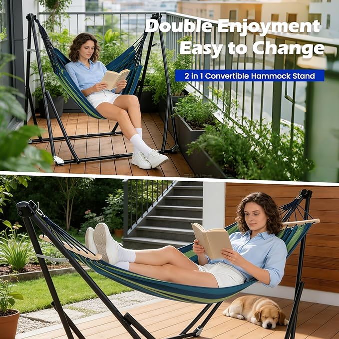 SogesPower 2 in 1 Hammock with Foldable Steel Stand & Carrying Bag,Portable Hammock Swinging Chair for Outdoor Patio Garden Camping Apartment,Blue& Green