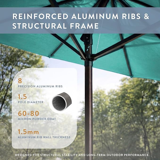 California Umbrella 12-Year Protection 9-Ft Outdoor Patio Umbrella, Sunbrella Fade-Resistant Fabric, Auto-Tilt, Heavy Duty Aluminum Frame, 8 Reinforced Ribs for Pool or Deck, Bronze Pole, Aruba