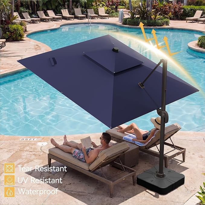 10x10 FT Patio Umbrella, Large Cantilever Double Top Heavy Duty Offset Umbrellas with 360° Rotation, Outdoor shade for Garden Deck Pool, Navy