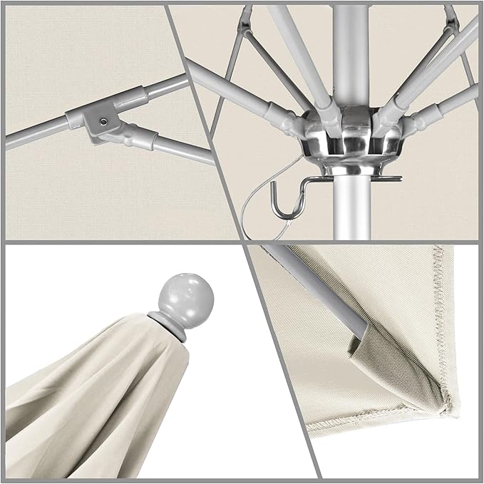 California Umbrella 9' Round Aluminum/Fiberglass Umbrella, Push Open, Silver Pole, Sunbrella Canvas Fabric