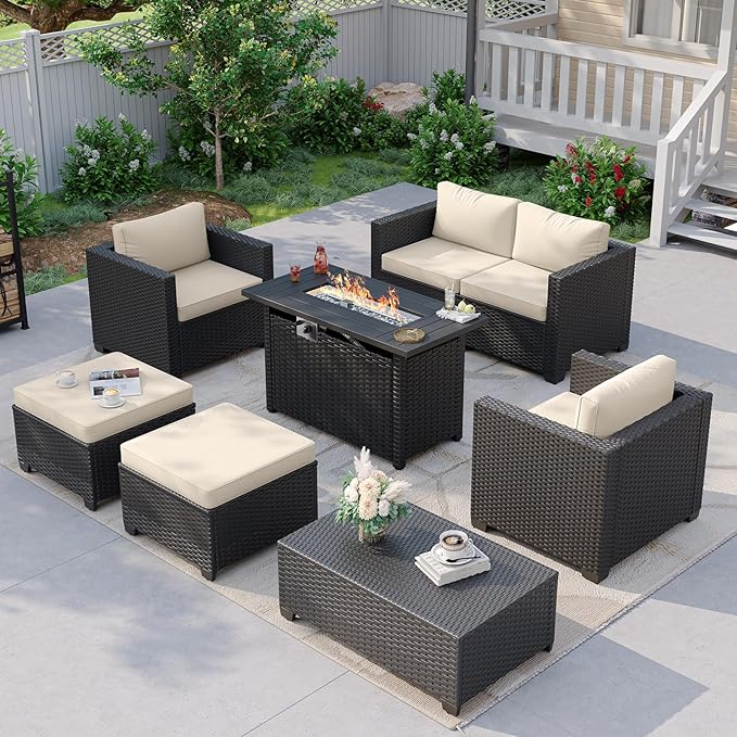 Aoxun Patio Furniture Set with Fire Pit Table, 6 Seats Piece Outdoor Furniture Set with Wicker Ottomans, Rattan Outdoor Sectional Sofa with Storage Table & Waterproof Cover Beige