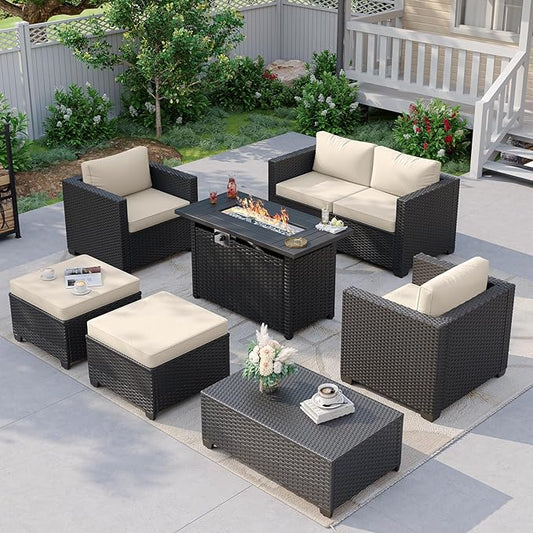 Aoxun Patio Furniture Set with Fire Pit Table, 6 Seats Piece Outdoor Furniture Set with Wicker Ottomans, Rattan Outdoor Sectional Sofa with Storage Table & Waterproof Cover Beige