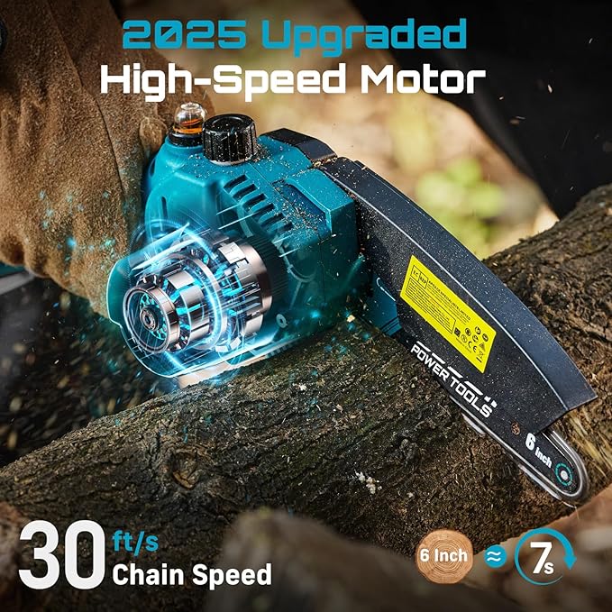 SEESII Mini Chainsaw 6 inch,Cordless Chainsaw w/ 2x2000mAh Batteries,Oiler System & Replacement Chain,Handheld Electric Chain Saw w/Safety Lock,Battery Powered Chainsaw for Wood Tree Cutting, M6 Plus